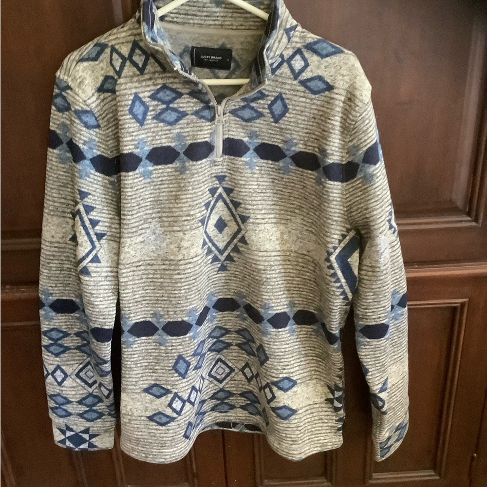 Lucky Brand Men’s Large Pullover 1/4 Zip Fleece in Grey/Blue Southwestern Aztec